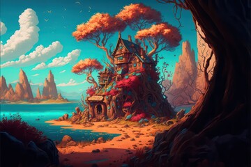 Obraz na płótnie Canvas Fantasy colourful theme with trees and mountain. Digital art wallpaper. Illustration. Generative AI.