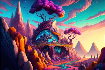 Naklejka na ściany i meble Fantasy colourful theme with trees and mountain. Digital art wallpaper. Illustration. Generative AI.