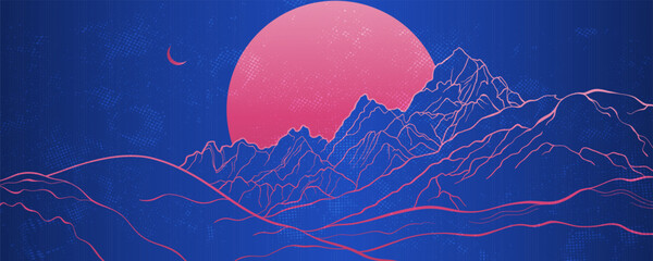 Big Moon and Mountains in cosmic , a linear layout for the background. Futuristic landscape in the colors of magenta lines and blue. Retrowave style is suitable for print on the wall, invitation. © ArinaKram