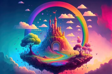 Fototapeta na wymiar Beautiful castle house with rainbow colourful theme illustration. Digital art style. Generative AI. Fantasy Palace on the mountain.