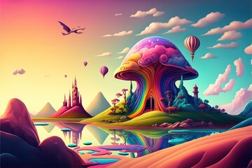 Beautiful castle house with rainbow colourful theme illustration. Digital art style. Generative AI. Fantasy Palace on the mountain.