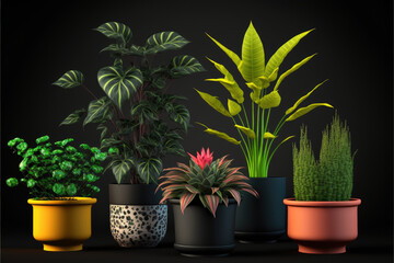 Fototapeta premium Various types of house plants clay pots on color background. Generative AI