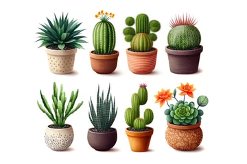 Foto op Plexiglas Cactus in pot Various types of house plants clay pots on white background. Generative AI