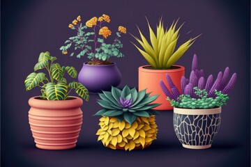 Various types of house plants clay pots on purple background. Generative AI