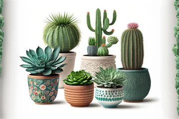 Rolgordijnen Cactus in pot Various types of house plants clay pots on white background. Generative AI
