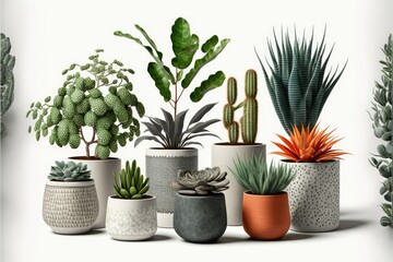 Fototapeta premium Various types of house plants clay pots on white background. Generative AI