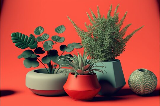 Various types of house plants clay pots on orange background. Generative AI