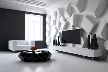 luxury elegant white color living room interior, geometric abstract wall. Generative Ai