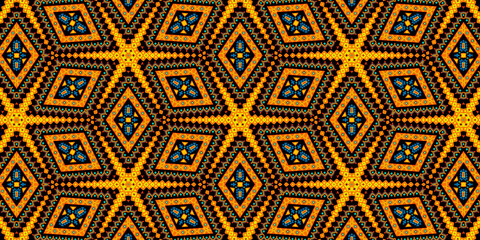 Abstracts suns. Geometric African pattern. Colored and seamless design. Golden yellow, orange, brown, blue an black colors. Illustration