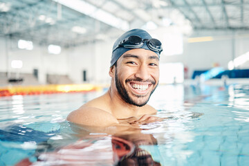 Portrait, man and relax in swimming pool with cap in sports wellness, training or exercise for body...