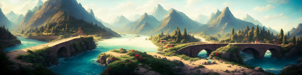 Breathtaking panoramic painting of mountains, river, bridges, and sunny weather in a fantasy, fairytale-like atmosphere. Generative AI