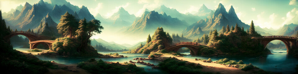 Panoramic sunset in the bridge on mountains landscape. Generative AI