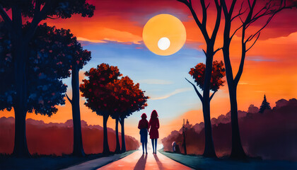 Loving couple travels the  road in colorful, lush landscape.  Generative AI