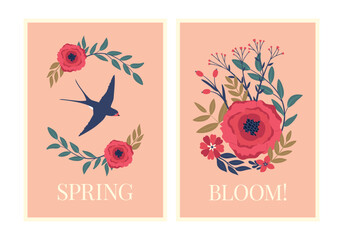 Design of spring posters with floral composition, swallow and text 