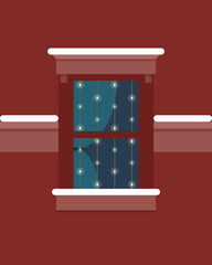Merry Christmas and Happy New Year! Winter holiday windows decorated with lights, trees and gifts. Window peering. Vector illustration of winter holidays.