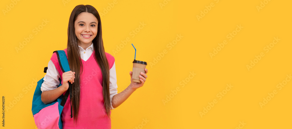 Wall mural back to school. cheerful kid drink cocoa. smiling child drinking cacao cup. portrait of schoolgirl s