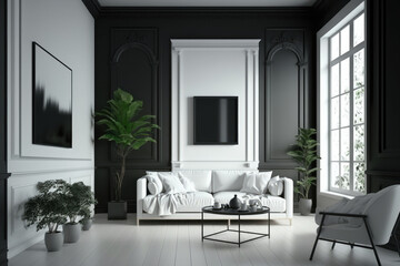 Fototapeta premium elegant Dark matte and white color living room interior simple an clean with empty mock up place on wall. 3D rendering. Generative ai