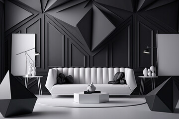 elegant Dark matte and white color living room interior simple an clean with empty mock up place on wall. 3D rendering. Generative ai