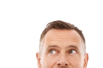 Closeup, man looking up and mockup for product placement, space and isolated on white studio background. Zoom, male or gentleman with focus, thinking or ideas for advertising campaign or sales growth