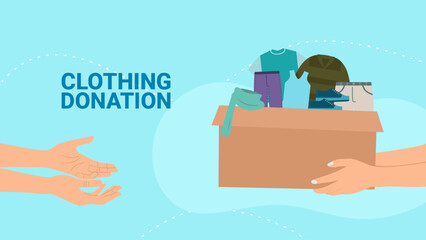 people giving a donation box with clothes for charity and solidarity.