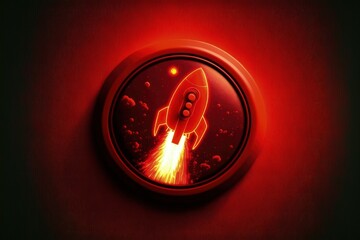 Button illustration with rocket and red light, startup concept, red background. Generative AI