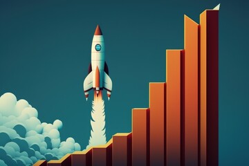 Obraz premium Rocket ship illustration with bar chart, blue background. Generative AI