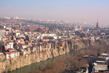 TBILISI, GEORGIA - JANUARY 18, 2023 : View of center of Tbilisi from Narikala Fortress.