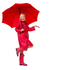 Portrait, red raincoat and umbrella for insurance with a woman in studio isolated on a white background. Winter, rain and weather with an attractive young female on blank space to promote life cover