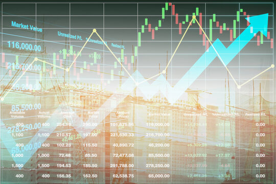 Double exposure blurry effect image of construction building site with graph, chart, number, candlesticks and arrow up for business property and construction industry presentation background.