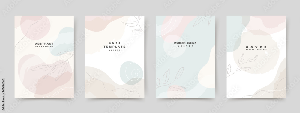 Wall mural abstract simple neutral background with organic shapes and floral elements in a linear style. vector
