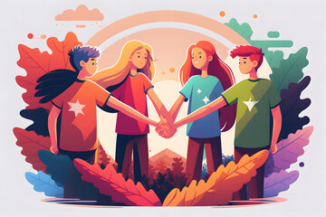 children putting their hands together, friendship concept, digital illustration