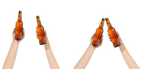 girls holding beer bottle in the air, file contains clipping path