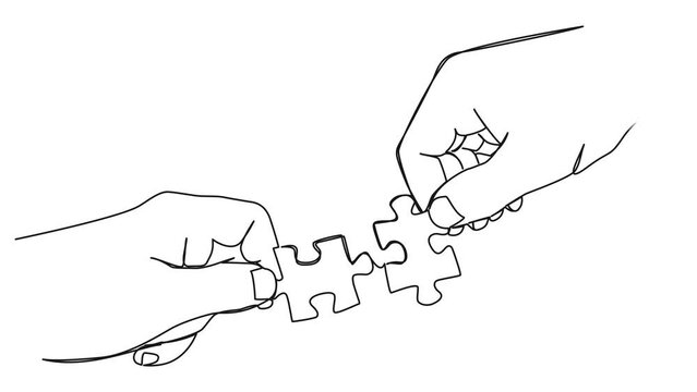 animated continuous single line drawing of hands of two people fitting together two matching jigsaw puzzle pieces, line art animation