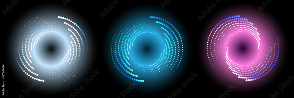Poster a set of circles of dotted halftones with neon glow on a black background. a design element. the eff