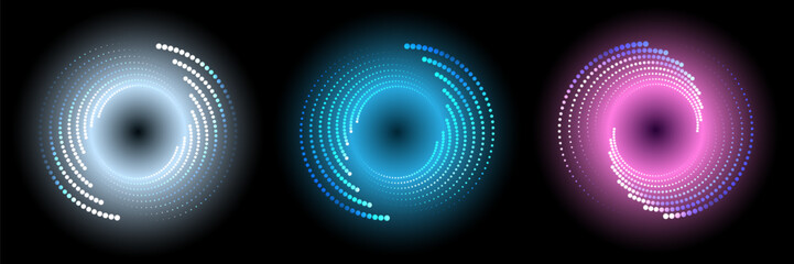 A set of circles of dotted halftones with neon glow on a black background. A design element. The effect of a rotating, disappearing gradient. Vector illustration.