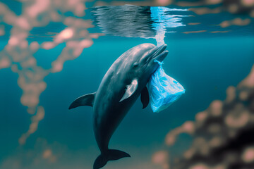 Live swimming dolphin is entangled in a plastic bag, in dirty water in garbage and household waste. pollution of a deadly environment. Generative AI technology.