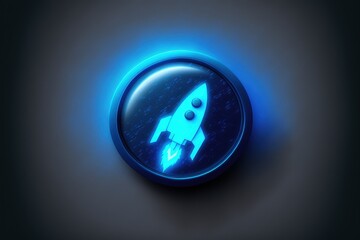 Button illustration with rocket and blue light, startup concept, dark blue background. Generative AI