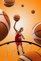 Collage. Professional young sportsman, little boy, basketball player throwing ball in basket in a jump on orange background with many balls. Concept of sport, competition, achievement, art. Poster, ad