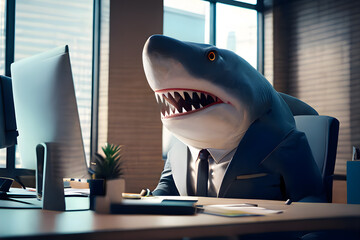 Shark in business suit, jacket and tie sits at his desk and works on laptop in the office of large company. Shark business man strong achieving his prey goals. Generative AI technology.