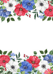The floral border is made of red, white, and blue flowers. Patriotic card design, watercolor botanical painting. Poppy, anemone, and greenery frame.