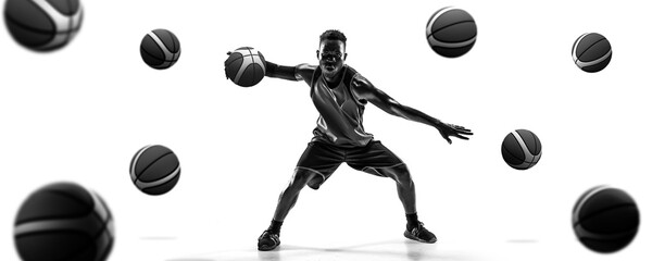 Collage. Black and white. African man, professional basketball player dribbling ball on white...