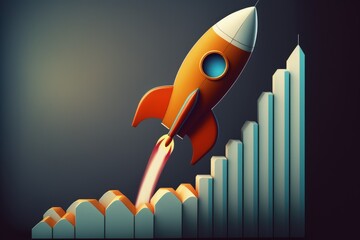 Rocket ship illustration with bar chart, blue background. Generative AI