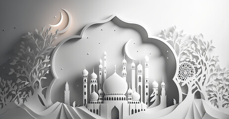 elegant paper cut ramadan whit color background illustration. Generative Ai