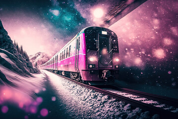 Pink train on the background of a fantastic landscape. Generative AI.