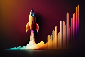 Rocket ship illustration with bar graph, gradient background. Generative AI
