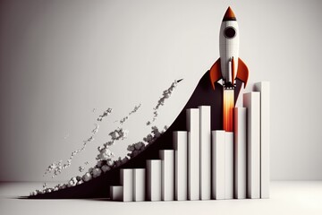 Rocket ship illustration with bar chart, white background. Generative AI