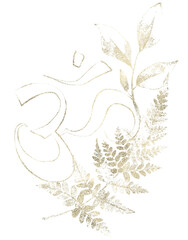 Golden sparkle dust style sign Om, fern branch and leaves. Floral arrangement. Cut out hand drawn PNG illustration on transparent background. Isolated clipart drawing.