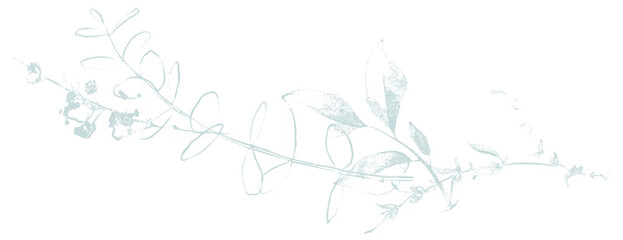 Blue wildflowers twig and leaves in sramp technique style and line art. Floral arrangement. Cut out hand drawn PNG illustration on transparent background. Isolated clipart drawing.