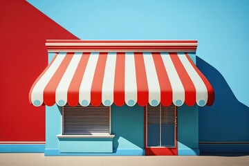 Shop illustration with red and white awning, blue background. Generative AI
