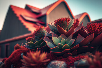 Red colored succulent plants on building roof top, Generative AI